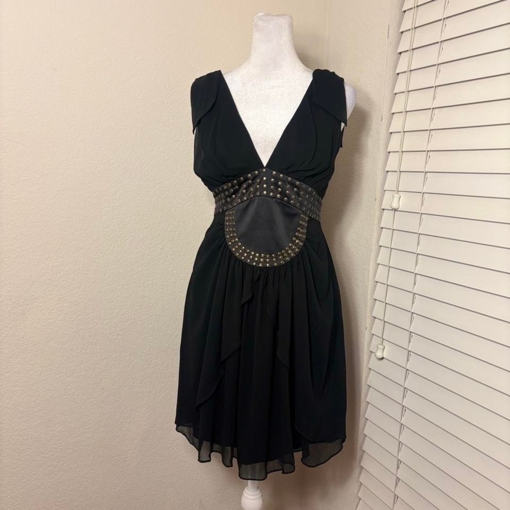 Y2K edgy lbd black chiffon studded satin deep v neck little black dress sz 12